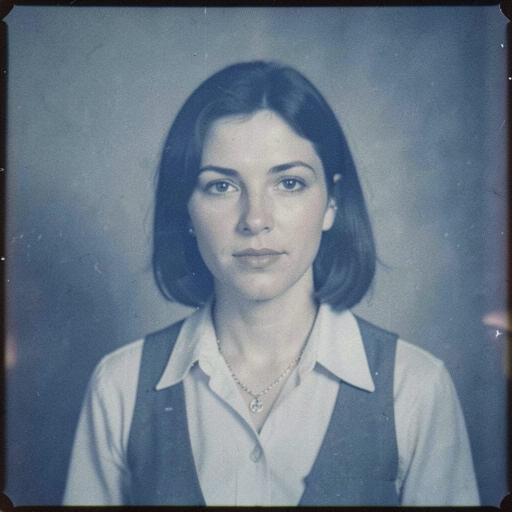Grainy analog film portrait of a woman with dark hair in soft natural light, muted earthy tones, quiet contemplative mood