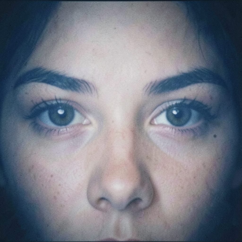 Dark close-up photograph of two intense eyes emerging from shadow, rendered in deep black and muted red tones with heavy film grain, atmospheric and unsettling.