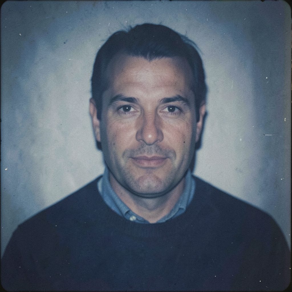 Textured analog film portrait of a presenter with weathered features, shot in warm sepia and shadow tones