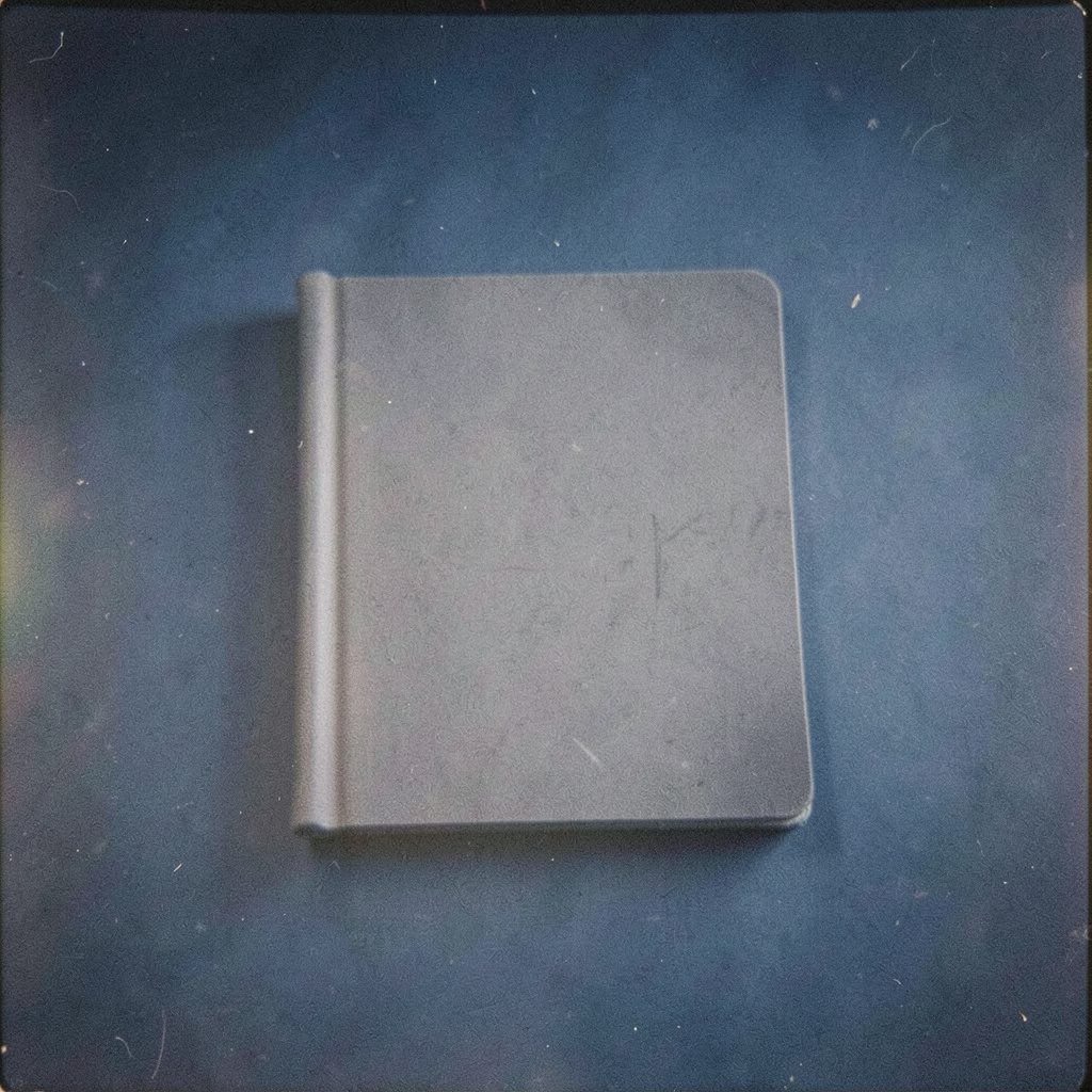 Dark textured film photograph of an open book with handwritten notes beside dim candlelight, deep browns and blacks, esoteric mood