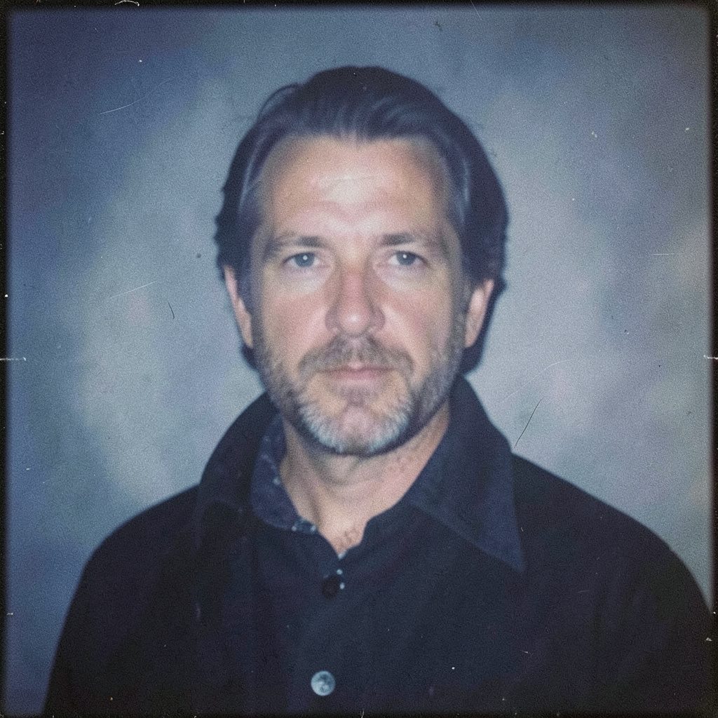 Portrait-style grainy analog photograph of a presenter in dim studio lighting, rendered in soft gray and brown tones with a contemplative mood