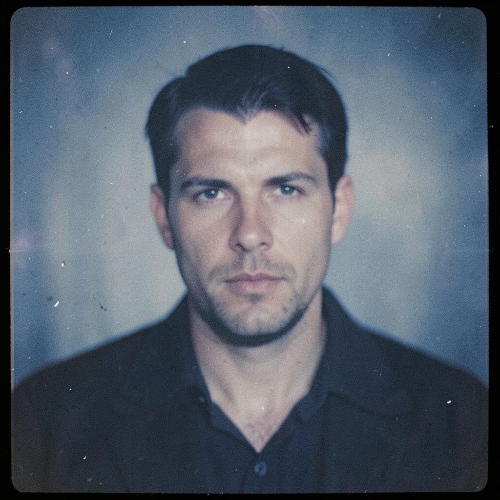 Grainy analog black and white portrait photograph of a presenter with a serious expression against a plain backdrop